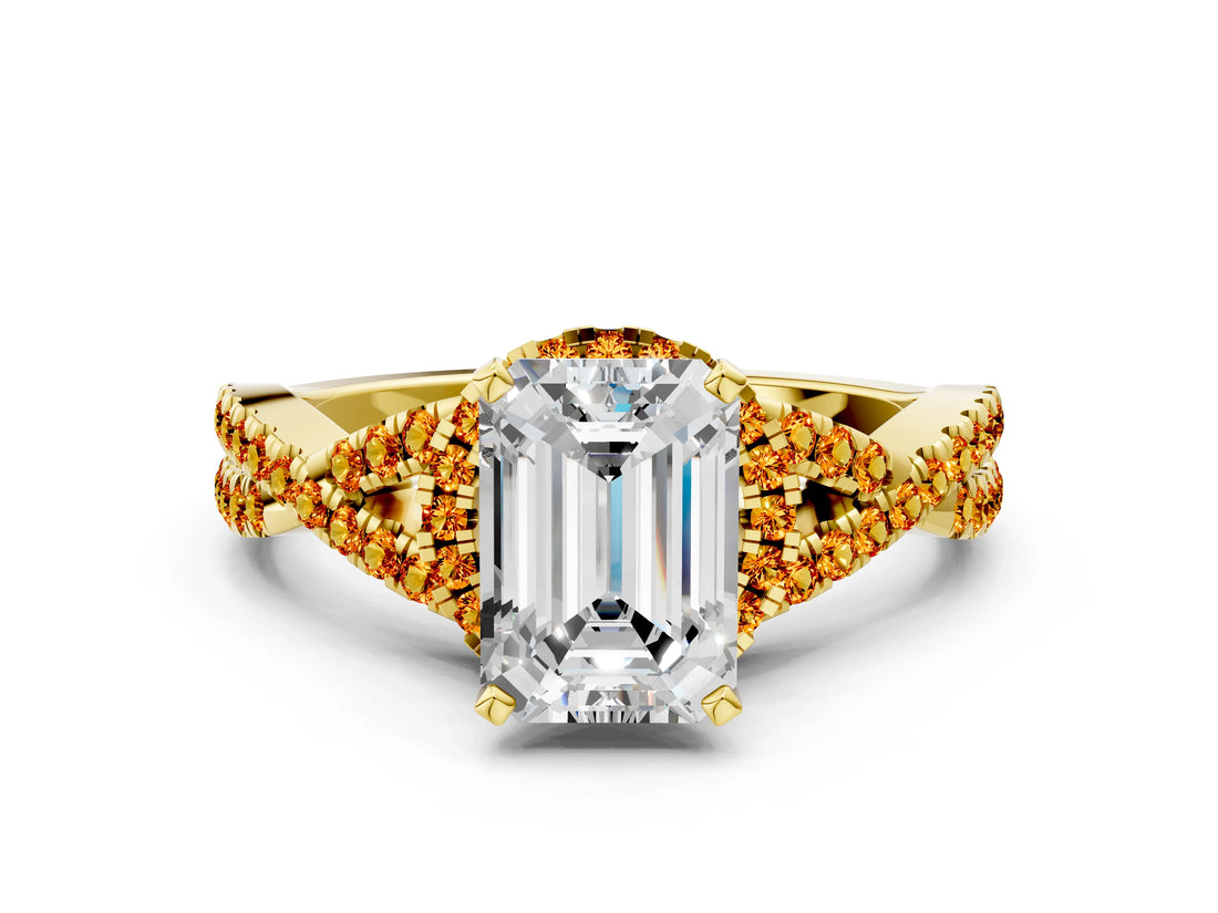 Yellow gold Emerald Cut Diamond with Citrine side stone Halo Twist Band Solitaire Prong Setting Ring_12