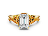 Yellow gold Emerald Cut Diamond with Citrine side stone Halo Twist Band Solitaire Prong Setting Ring_12