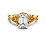 Yellow gold Emerald Cut Diamond with Citrine side stone Halo Twist Band Solitaire Prong Setting Ring_24