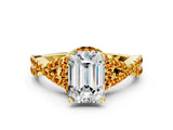 Yellow gold Emerald Cut Diamond with Citrine side stone Halo Twist Band Solitaire Prong Setting Ring_36