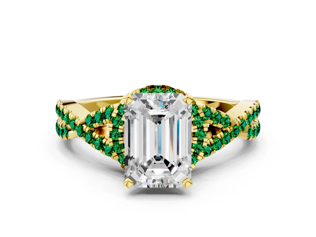 Yellow gold Emerald Cut Diamond with Emerald side stone Halo Twist Band Solitaire Prong Setting Ring_12