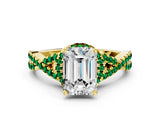 Yellow gold Emerald Cut Diamond with Emerald side stone Halo Twist Band Solitaire Prong Setting Ring_24