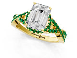 Yellow gold Emerald Cut Diamond with Emerald side stone Halo Twist Band Solitaire Prong Setting Ring_25
