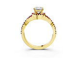 Yellow gold Emerald Cut Diamond with Garnet side stone Halo Twist Band Solitaire Prong Setting Ring_15