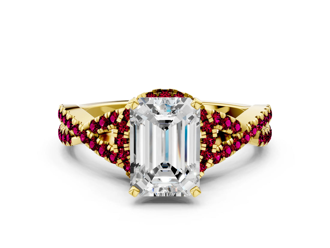 Yellow gold Emerald Cut Diamond with Garnet side stone Halo Twist Band Solitaire Prong Setting Ring_24