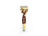 Yellow gold Emerald Cut Diamond with Garnet side stone Halo Twist Band Solitaire Prong Setting Ring_26