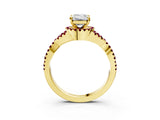 Yellow gold Emerald Cut Diamond with Garnet side stone Halo Twist Band Solitaire Prong Setting Ring_27