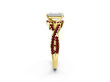Yellow gold Emerald Cut Diamond with Garnet side stone Halo Twist Band Solitaire Prong Setting Ring_38