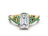 Yellow gold Emerald Cut Diamond with Green Sapphire side stone Halo Twist Band Solitaire Prong Setting Ring_12