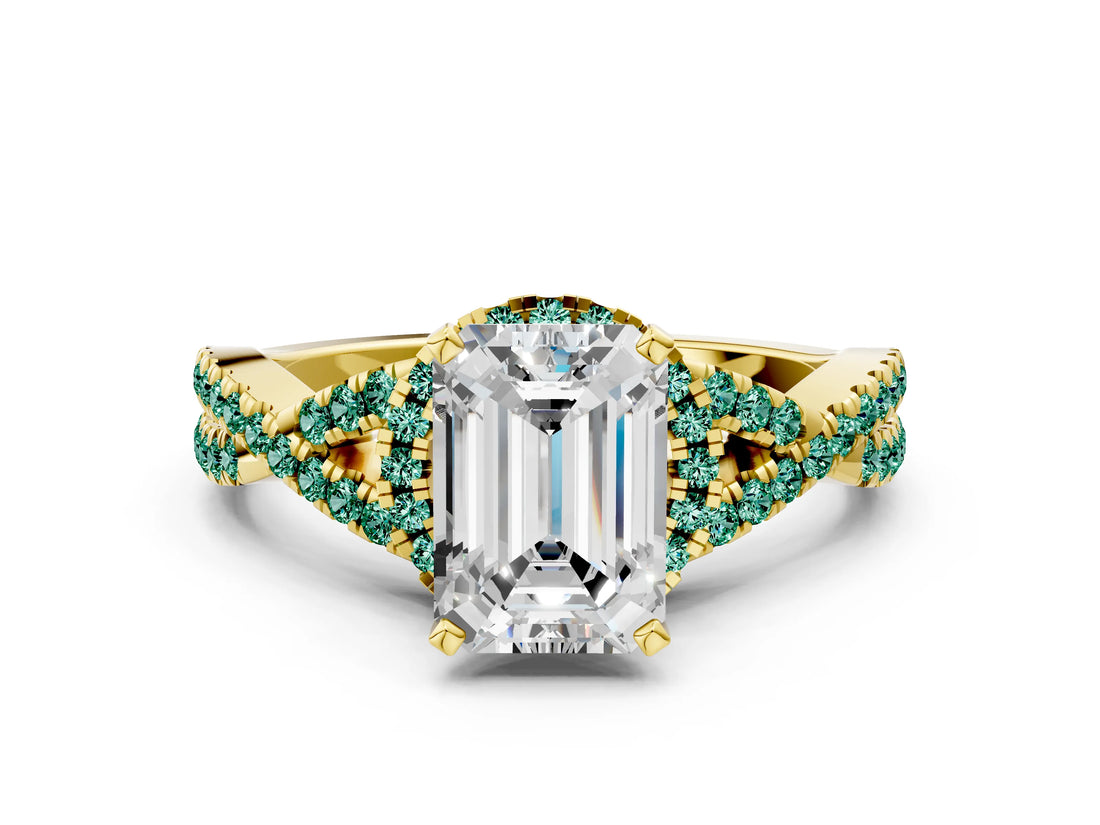 Yellow gold Emerald Cut Diamond with Green Sapphire side stone Halo Twist Band Solitaire Prong Setting Ring_24