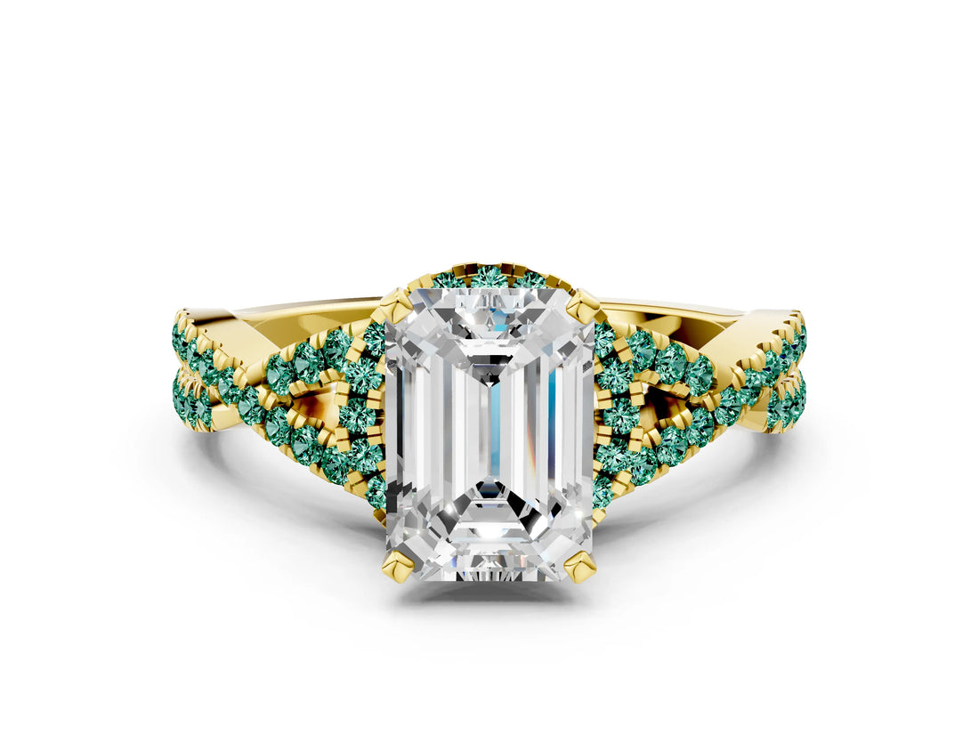 Yellow gold Emerald Cut Diamond with Green Sapphire side stone Halo Twist Band Solitaire Prong Setting Ring_36
