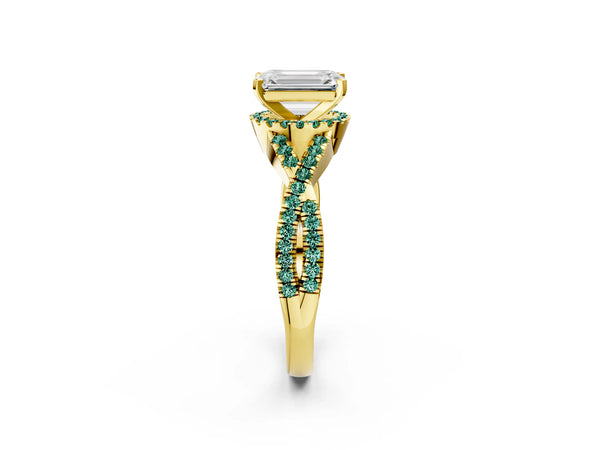 Yellow gold Emerald Cut Diamond with Green Sapphire side stone Halo Twist Band Solitaire Prong Setting Ring