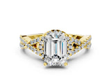 Yellow gold Emerald Cut Diamond with Moissanite side stone Halo Twist Band Solitaire Prong Setting Ring_24