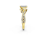 Yellow gold Emerald Cut Diamond with Moissanite side stone Halo Twist Band Solitaire Prong Setting Ring_26