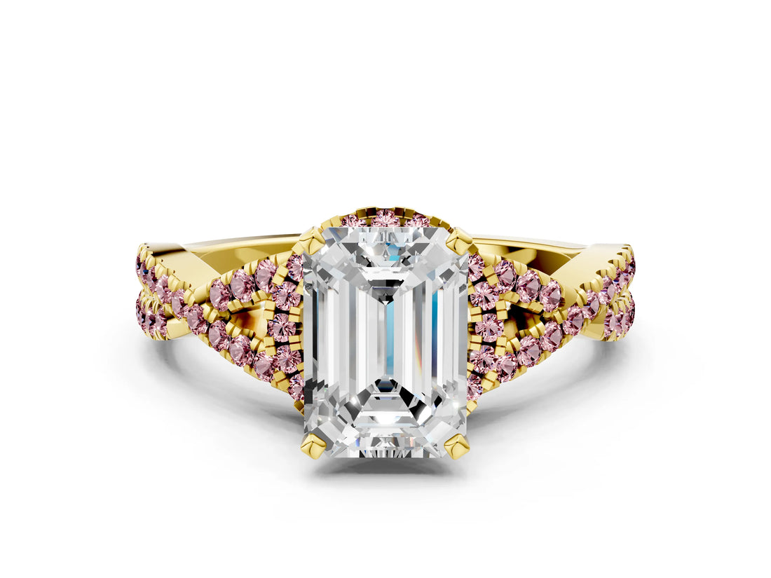 Yellow gold Emerald Cut Diamond with Morganite side stone Halo Twist Band Solitaire Prong Setting Ring_12