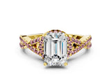 Yellow gold Emerald Cut Diamond with Morganite side stone Halo Twist Band Solitaire Prong Setting Ring_12