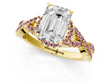 Yellow gold Emerald Cut Diamond with Morganite side stone Halo Twist Band Solitaire Prong Setting Ring_13