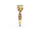 Yellow gold Emerald Cut Diamond with Morganite side stone Halo Twist Band Solitaire Prong Setting Ring_14