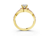 Yellow gold Emerald Cut Diamond with Morganite side stone Halo Twist Band Solitaire Prong Setting Ring_15