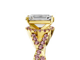 Yellow gold Emerald Cut Diamond with Morganite side stone Halo Twist Band Solitaire Prong Setting Ring_17