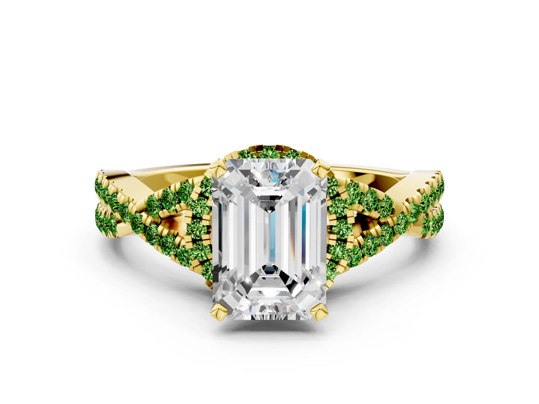Yellow gold Emerald Cut Diamond with Peridot side stone Halo Twist Band Solitaire Prong Setting Ring_24