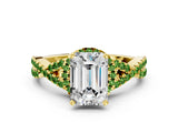 Yellow gold Emerald Cut Diamond with Peridot side stone Halo Twist Band Solitaire Prong Setting Ring_24