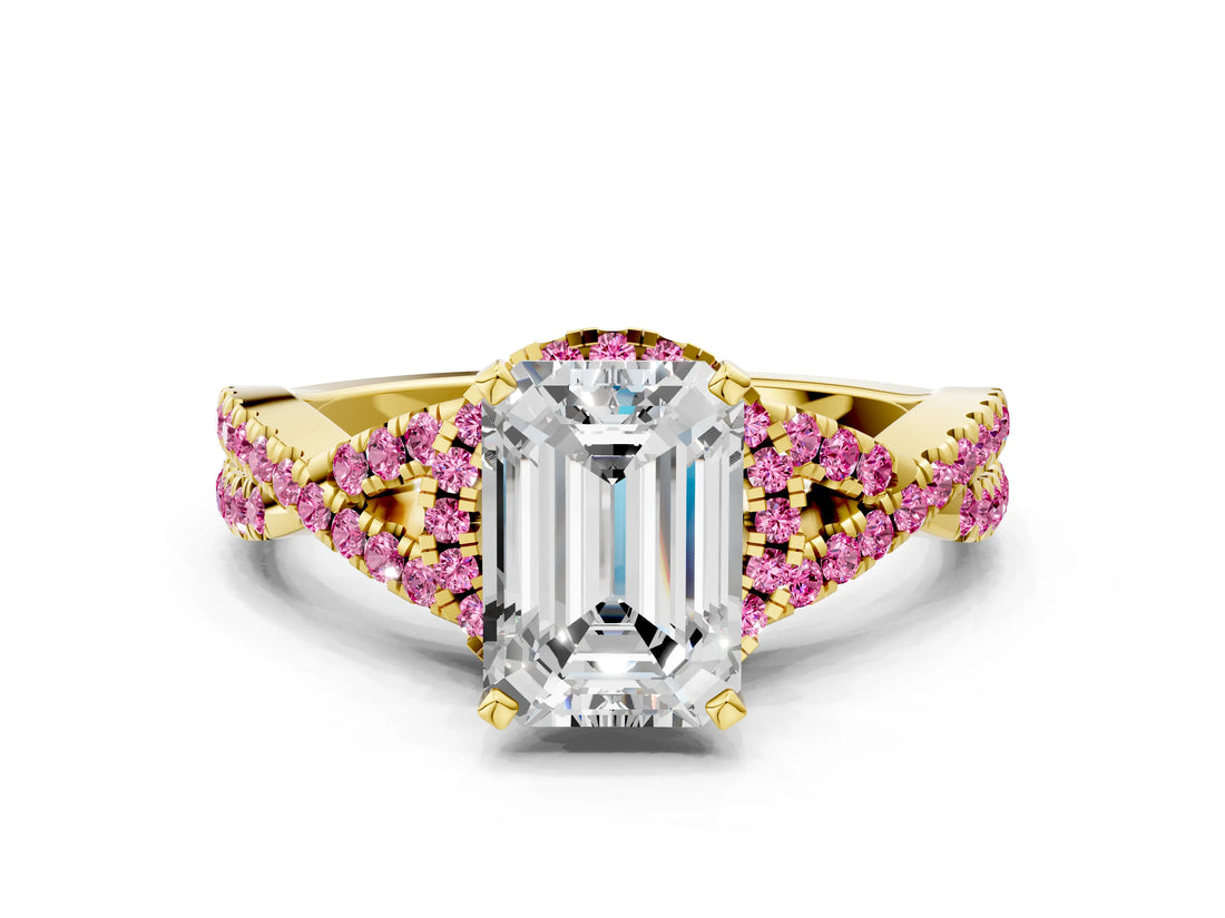 Yellow gold Emerald Cut Diamond with Pink Sapphire side stone Halo Twist Band Solitaire Prong Setting Ring_12