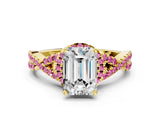 Yellow gold Emerald Cut Diamond with Pink Sapphire side stone Halo Twist Band Solitaire Prong Setting Ring_12
