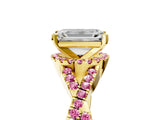 Yellow gold Emerald Cut Diamond with Pink Sapphire side stone Halo Twist Band Solitaire Prong Setting Ring_17