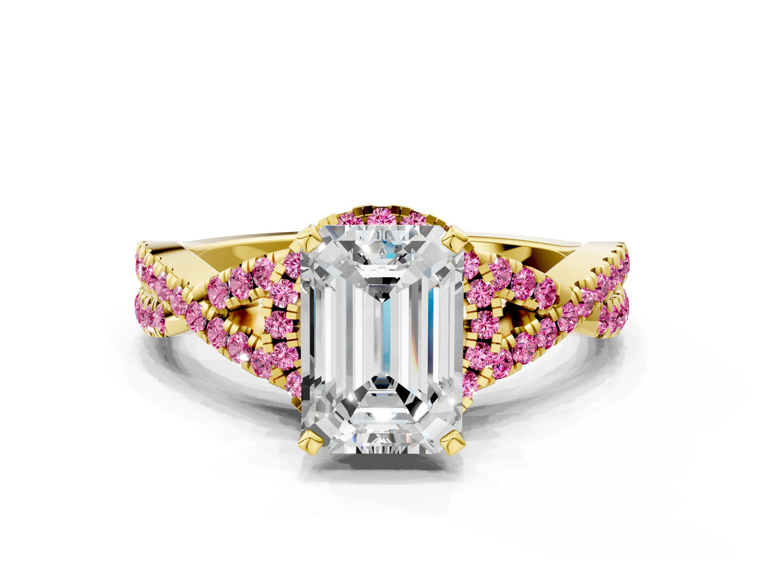 Yellow gold Emerald Cut Diamond with Pink Sapphire side stone Halo Twist Band Solitaire Prong Setting Ring_24