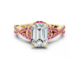 Yellow gold Emerald Cut Diamond with Pink Sapphire side stone Halo Twist Band Solitaire Prong Setting Ring_24