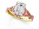 Yellow gold Emerald Cut Diamond with Pink Sapphire side stone Halo Twist Band Solitaire Prong Setting Ring_25