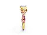 Yellow gold Emerald Cut Diamond with Pink Sapphire side stone Halo Twist Band Solitaire Prong Setting Ring_26
