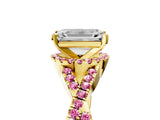Yellow gold Emerald Cut Diamond with Pink Sapphire side stone Halo Twist Band Solitaire Prong Setting Ring_29