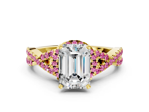 Yellow gold Emerald Cut Diamond with Pink Sapphire side stone Halo Twist Band Solitaire Prong Setting Ring