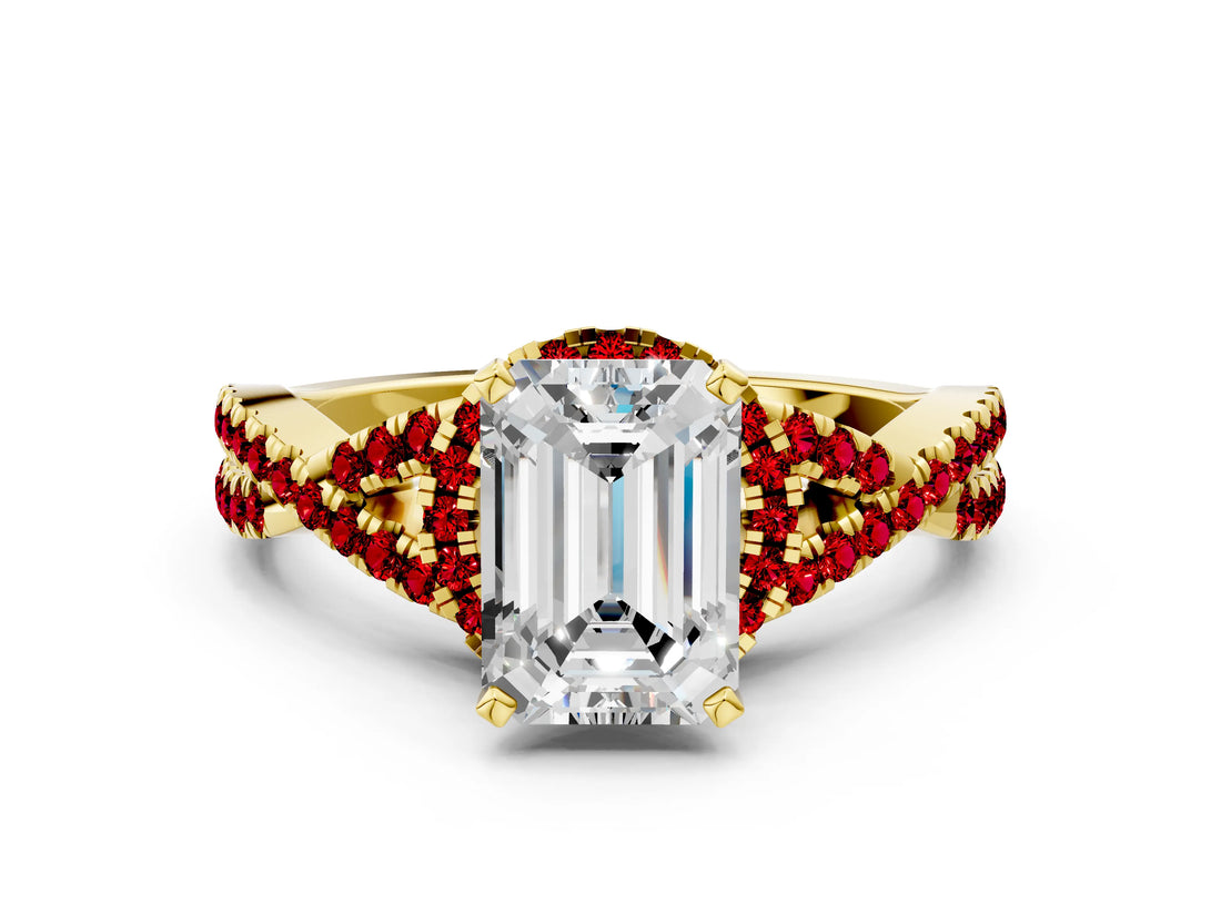 Yellow gold Emerald Cut Diamond with Ruby side stone Halo Twist Band Solitaire Prong Setting Ring_24