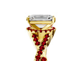 Yellow gold Emerald Cut Diamond with Ruby side stone Halo Twist Band Solitaire Prong Setting Ring_29