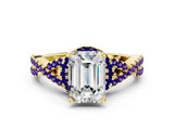 Yellow gold Emerald Cut Diamond with Tanzanite side stone Halo Twist Band Solitaire Prong Setting Ring_12