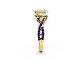 Yellow gold Emerald Cut Diamond with Tanzanite side stone Halo Twist Band Solitaire Prong Setting Ring_14