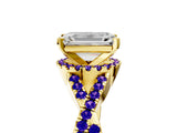 Yellow gold Emerald Cut Diamond with Tanzanite side stone Halo Twist Band Solitaire Prong Setting Ring_17