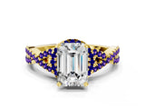 Yellow gold Emerald Cut Diamond with Tanzanite side stone Halo Twist Band Solitaire Prong Setting Ring_24