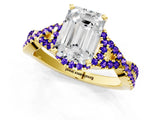 Yellow gold Emerald Cut Diamond with Tanzanite side stone Halo Twist Band Solitaire Prong Setting Ring_25