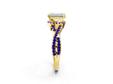 Yellow gold Emerald Cut Diamond with Tanzanite side stone Halo Twist Band Solitaire Prong Setting Ring_26