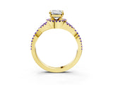 Yellow gold Emerald Cut Diamond with Tanzanite side stone Halo Twist Band Solitaire Prong Setting Ring_27