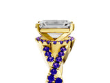 Yellow gold Emerald Cut Diamond with Tanzanite side stone Halo Twist Band Solitaire Prong Setting Ring_29