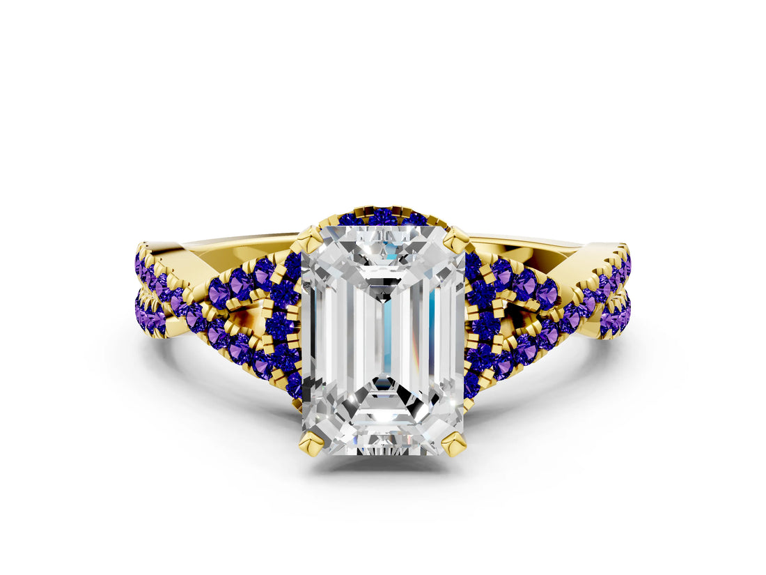 Yellow gold Emerald Cut Diamond with Tanzanite side stone Halo Twist Band Solitaire Prong Setting Ring_36