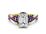 Yellow gold Emerald Cut Diamond with Tanzanite side stone Halo Twist Band Solitaire Prong Setting Ring_36