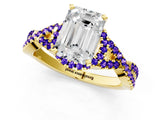Yellow gold Emerald Cut Diamond with Tanzanite side stone Halo Twist Band Solitaire Prong Setting Ring_37