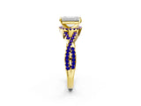 Yellow gold Emerald Cut Diamond with Tanzanite side stone Halo Twist Band Solitaire Prong Setting Ring_38