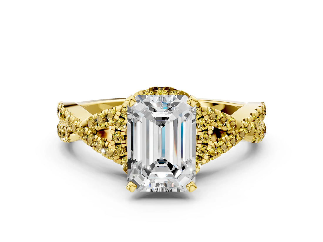 Yellow gold Emerald Cut Diamond with Yellow Sapphire side stone Halo Twist Band Solitaire Prong Setting Ring_24
